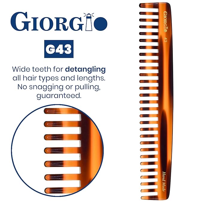 Giorgio G43 Large 7.25 Inch Detangling Comb, Wide Teeth for Thick Curly Wavy Hair. Long Hair Detangler Comb For Wet and Dry. Handmade of Quality Cellulose, Saw-Cut, Hand Polished, Tortoise Shell