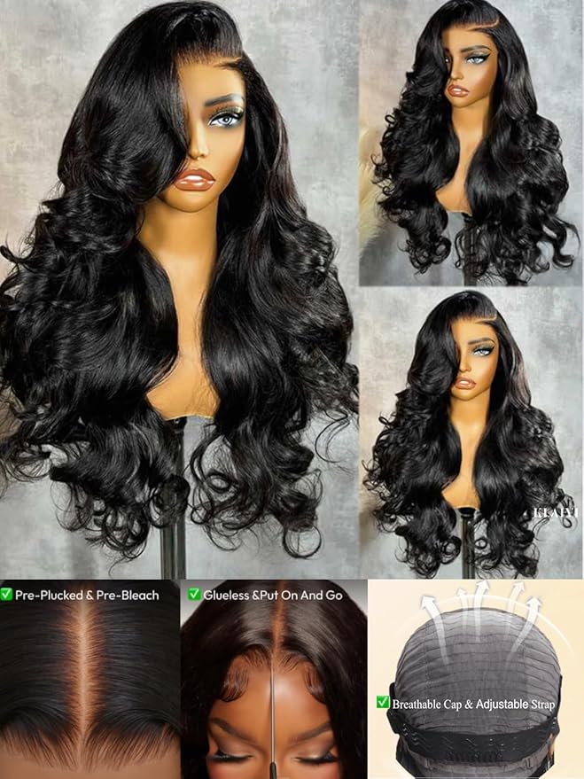 KLAIYI Body Wave Bye Bye Knots Glueless Wig 7x5 Pre Cut Lace Front Wigs Human Hair Wear and Go Wigs for Beginners Pre Bleached Pre Plucked Pre Everything 3S Easy to Ready to Wear Loose Wave Wig 14Inch