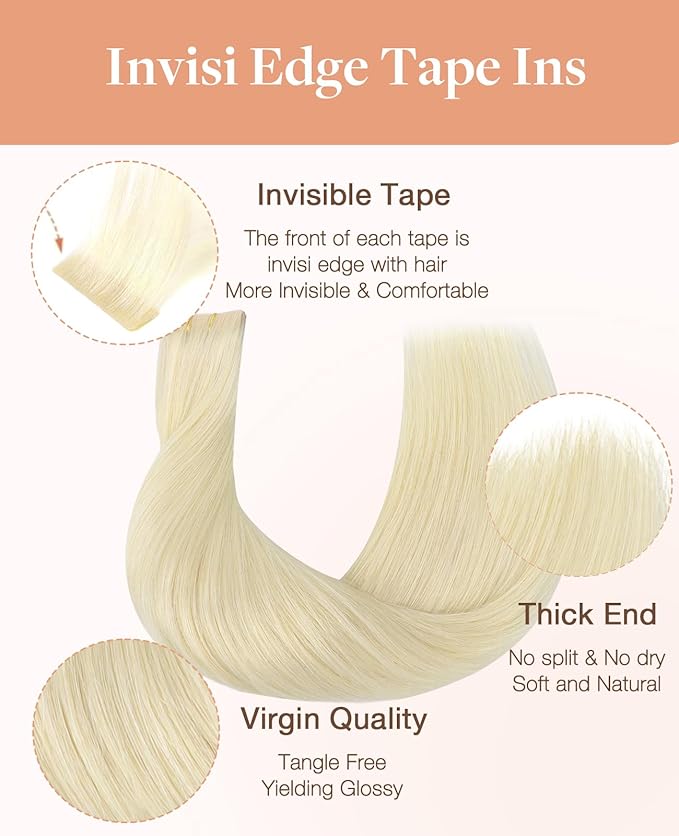 GOO GOO Invisi Edge Tape in Hair Extensions Human Hair, 60A Platinum Blonde, 10pcs 18inch 25g, Virgin Remy Hair, Seamless Injected Tape, Natural Look