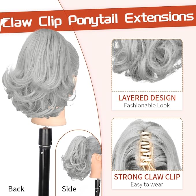 KooKaStyle Ponytail Extension, 10" Short Claw Clip in Pony Tails Hair Extensions Curly Wavy Synthetic Drawstring Halloween Hairpieces for Women(Light Sliver Grey)