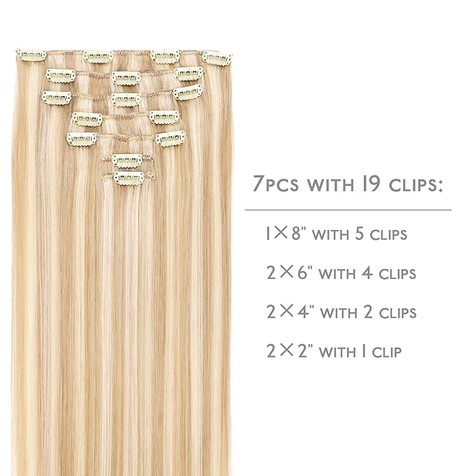 WENNALIFE Clip in Hair Extensions Human Hair 24 Inch 120g 7pcs Dirty Blonde Highlighted Bleach Blonde Hair Extensions Clip in for Women Real Human Hair Rallonge Cheveux Extensions