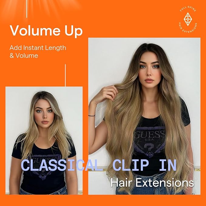 Full Shine Balayage Human Hair Clip in Extensions 16 Inch Clip in Real Hair Extensions Balayage Dark Brown to Caramel Blonde 7 Pcs 120 G