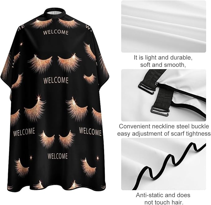 Extra Long Barber Styling Cape, Rose Gold Pink Eyelash Welcome Black Haircut Hairdressing Cloth Apron Hair Cutting Cloak for Hair Cutting