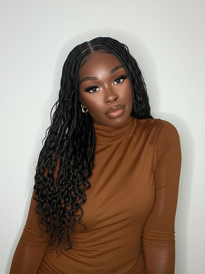 Human Hair Boho Curls Hand-Tied HD Full Lace Wig - 24" Salon-Level Small Box Synthetic Braids (80 Braids, Medium Density) Pre-Cut Swiss HD Lace, Pre-Plucked, Knotless, Tangle-Free - Black 1B