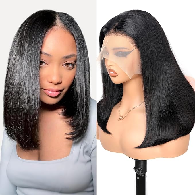 210% Density 13x6 Full Lace Frontal Bob Wig Human Hair 12A Brazilian Virgin Human Hair Pre Plucked HD Transparent Lace Glueless Wigs 14 Inch