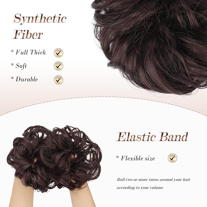 FESHFEN Messy Bun Hair Piece - Elastic Wavy Curly Hair Bun Scrunchies Extensions Synthetic Chignon Hairpieces for Women Girls, Black Cherry 1.5 oz
