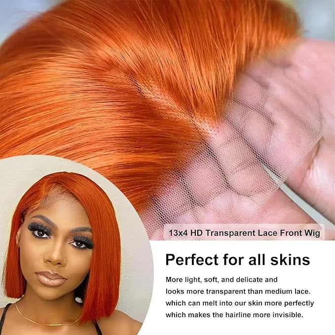 250% Density Ginger Bob Wig Human Hair Real 13x4 Frontal Orange Ginger HD Lace Short Straight Bob Wigs Pre Plucked with Baby Hair Straight Short Wigs For Women 10 Inch