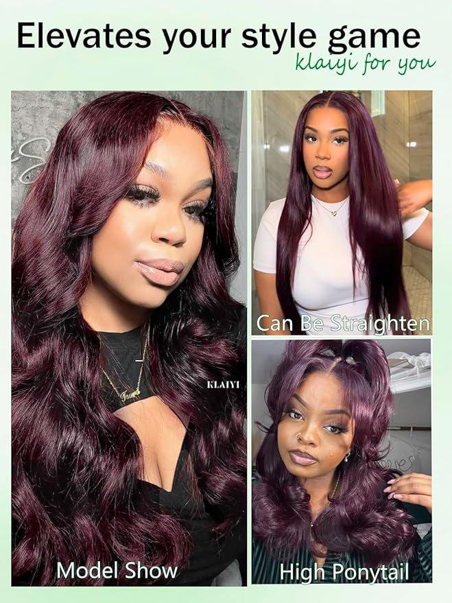KLAIYI Black Cherry Loose Body Wave Pre Eeverything 13x4 Lace Frontal Wigs Human Hair Bye Bye Knots Glueless Ready to Wear and Go Wig with Face Framing Bangs Drawstring Pre Plucked Burgundy Wig 26Inch