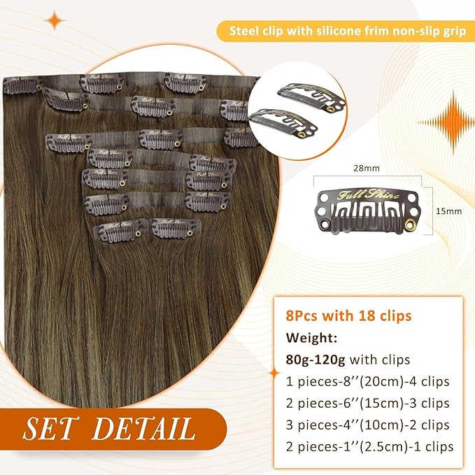 Full Shine Seamless Clip in Hair Extensions Balayage Brown Clip in Extensions Real Human Hair Medium Brown Ombre Honey Blonde Short Clip ins 14 Inch 120 G 8 PCS