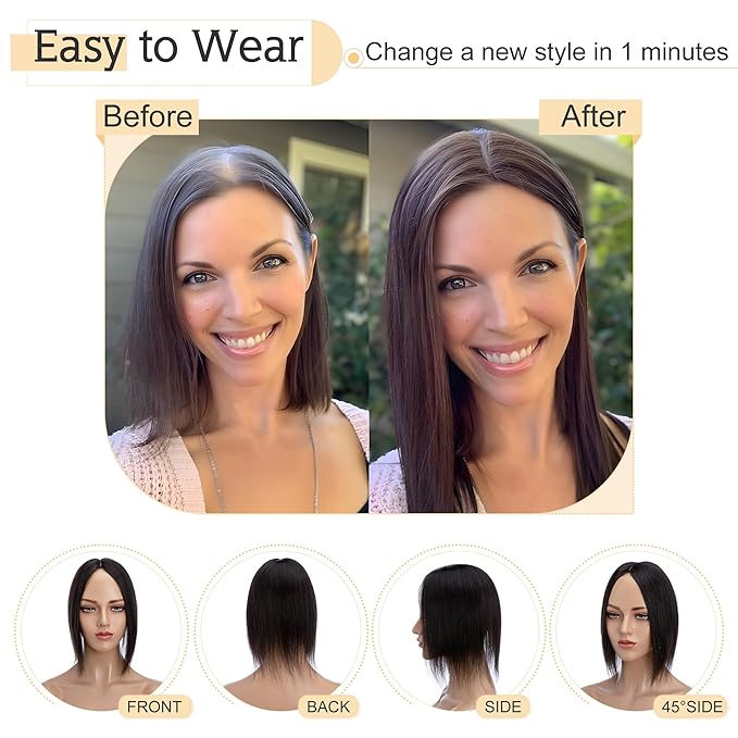 SEGO Human Hair Toppers for Women With Thinning Hair, 7 * 13CM Silk Base 100% Real Human Hair Clip in Top Wiglet Hairpieces /10 Inch No Bangs Natural Black