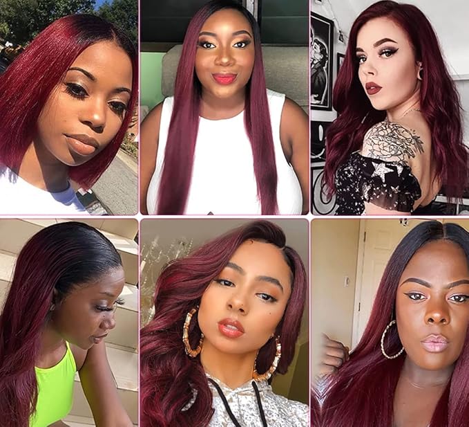 Ombre Human Hair Bundles Burgundy Straight Bundles Peruvian Virgin Remy Hair Extensions 14 16 18 Inch Niegmeag Double Weft 2 Tone Black and Red Straight Bundle Hair Weave 300g
