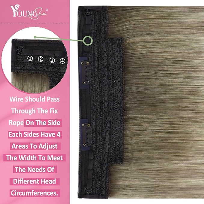 YoungSee 100G Wire Hair Extensions Human Hair Ombre Blonde Hair Extensions Wire Balayage Ash Blond Ombre Platinum Blonde Fish Line Human Hair Extensions Easy to Put in 20In