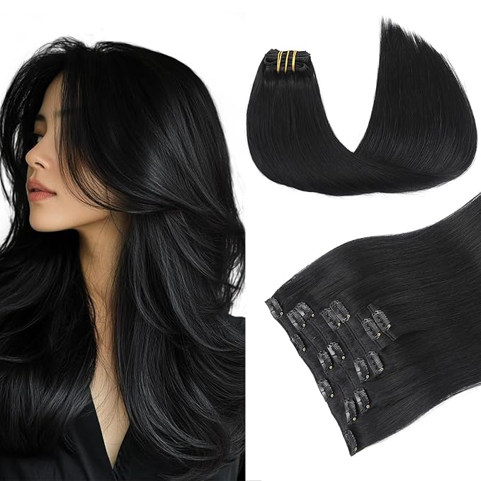 PINKPEARL Clip in Hair Extensions Real Human Hair #1 Jet Black Human Hair Extensions Clip ins 22 inch Extensions Human Hair Clip 120g 7pcs Straight Thick Natural Human Hair(#1-22)