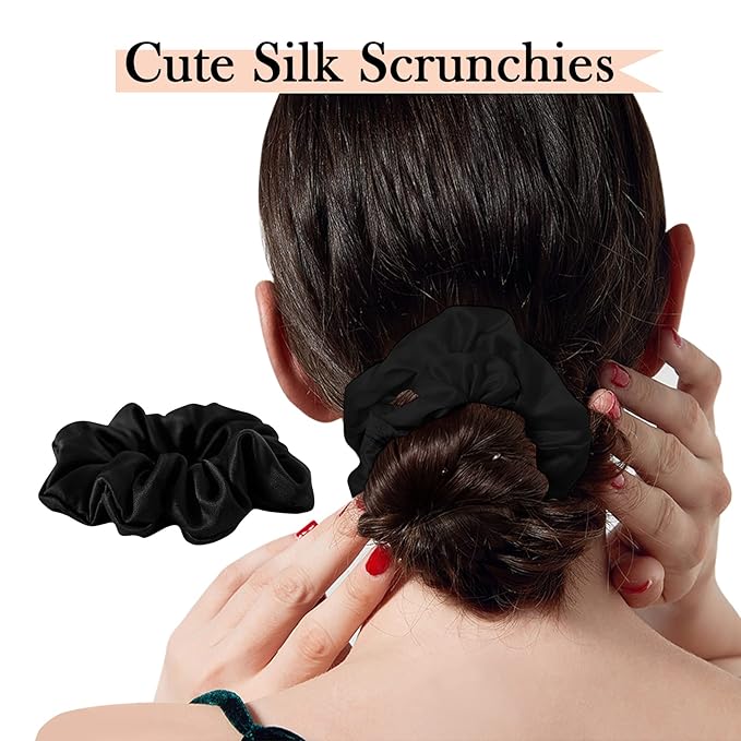100% Mulberry Silk Hair Ties, No-Damage Frizz Prevention for Sleep and Night, Hair Accessories for Women (Black)