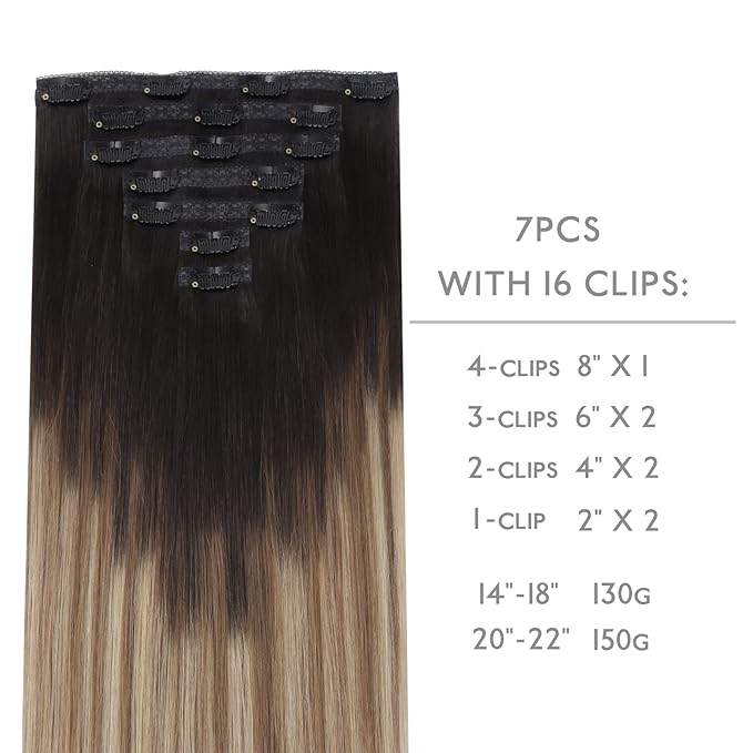 WENNALIFE Lace Seamless Clip in Hair Extensions Human Hair 7pcs Ultra Invisible 50% Thinner Seamless Clip Ins Dark Brown to Chestnut Brown and Dirty Blonde Highlighted Natural Remy Hair 14 inch