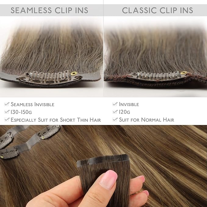 WENNALIFE Seamless Clip In Hair Extensions, 14 Inch 130g 7pcs Balayage Chocolate Brown to Caramel Blonde Hair Extensions Clip in Human Hair Invisible PU Skin Weft Natural Remy Human Hair Extensions