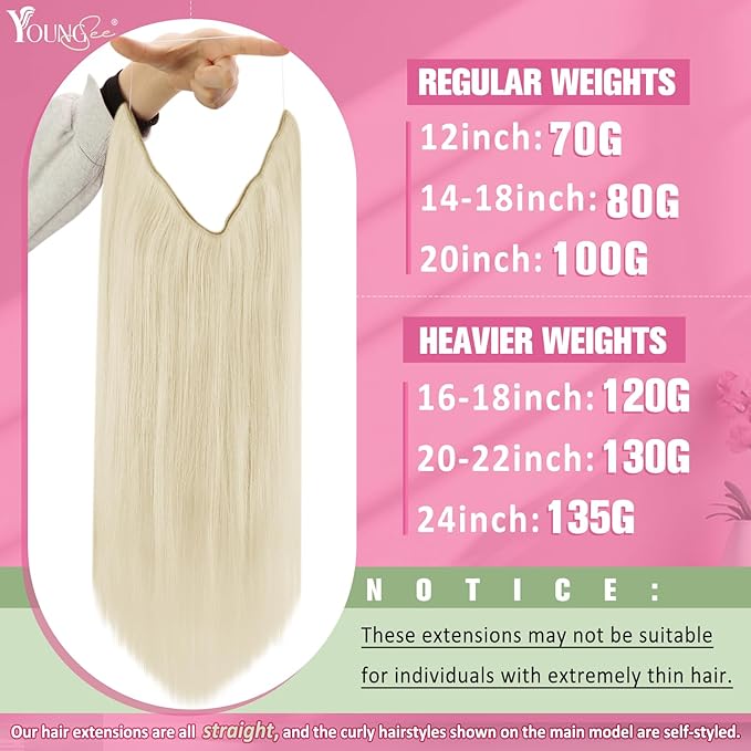 YoungSee Blonde Wire Hair Extensions Platinum Blonde Invisible Wire Human Hair Extensions White Blond Headband Hair Extension for Women 18In 80G