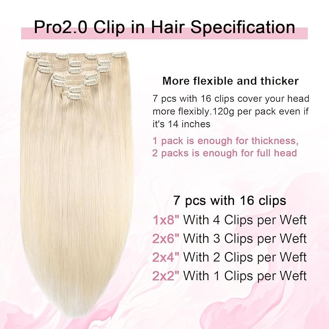Pro2.0 Clip in Hair Extensions Real Human Hair 20inch 7pcs Color #60 Platinum Blonde Remy Real Human Hair Extensions Clip ins 120g Thick Seamless Double Weft for Women（#60-20inch）