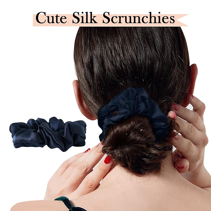 Silk Hair Scrunchie, 100% Mulberry Silk, Navy Blue, No Damage for Frizz Prevention, Sleep Scrunchie for Women-1pcs