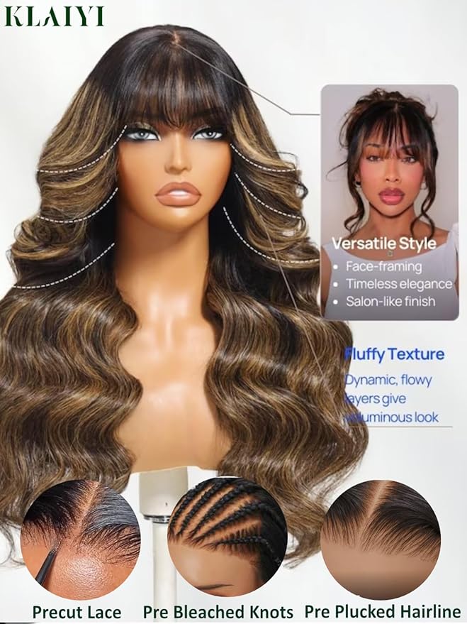 KLAIYI Ombre Brown Loose Body Wave Bye Bye Knots Glueless Precut 7x5 HD Lace Front Human Hair Bang Wig Drawstring Highlight Balayage Brown Pre Plucked Bleached 30S Ready to Wear and Go Wig 180% 14Inch