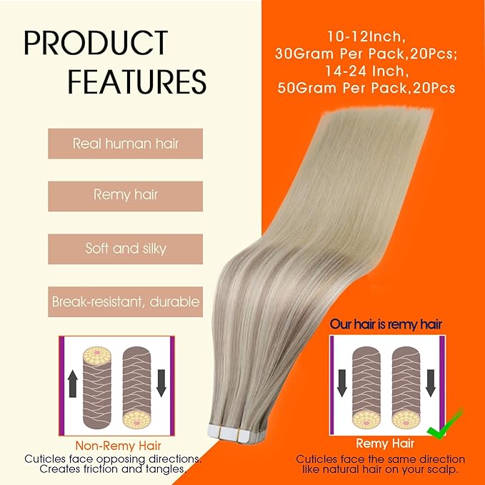 Full Shine Blonde Tape in Extensions Human Hair 18 Inch Remy Double Sided Tape in Hair Extensions 50Gram Balayage 20 Pcs Adhesive Straight Seamless Skin Weft 18/22/60 Invisible for Party