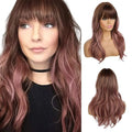 EMMOR Long Wavy Wigs with Bangs for Women, 20 Inch Natural Curly Hair With Air Bang Synthetic Ombre Wigs, Party Cosplay Daily Use