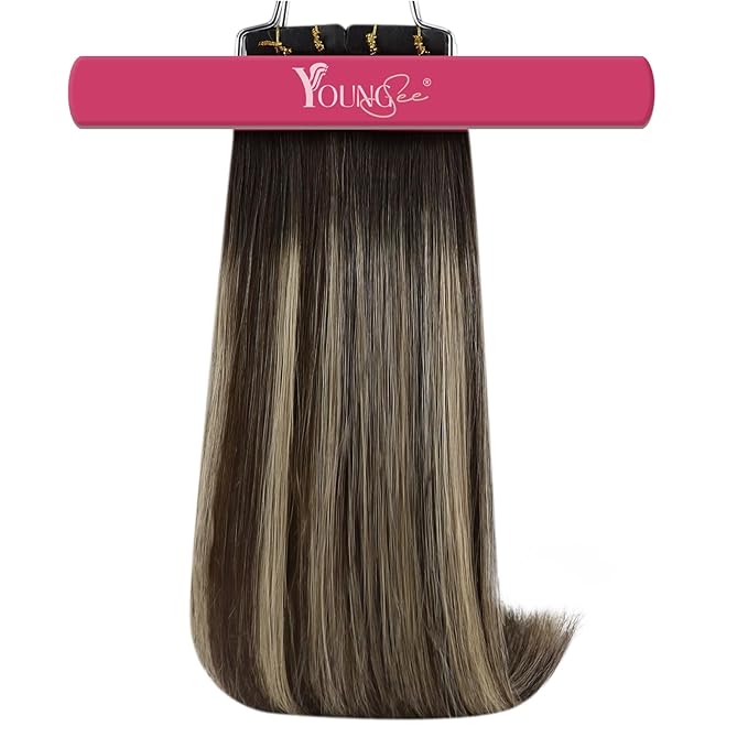 YoungSee Tape in Hair Extensions Real Human Hair Balayage Tape Extensions Human Hair Dark Brown Ombre Blonde with Brown Tape in Extension Real Hair 22 Inch 20pcs 50g Soft Hair Extension