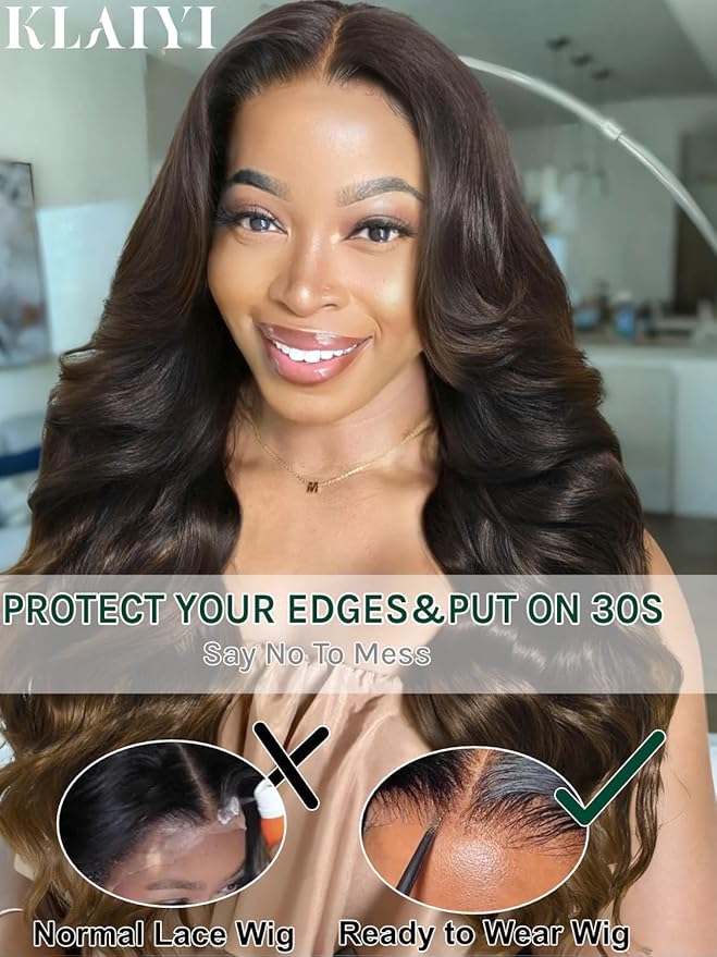 KLAIYI Ombre Brown Loose Body Wave 13x4Pre Everything Lace Frontal Chestnut Brown Drawstring Wig with Face Framing Layers Precut Lace Pre Plucked Bleached Bye Bye Knots Ready to Wear and Go Wig 24Inch