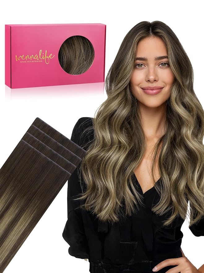 WENNALIFE Invisi Edge 8cm Tape in Hair Extensions Human Hair, 20 Inch 20g 4pcs, Balayage Chocolate Brown to Caramel Blonde Invisible Remy Tape Ins Straight Reusable Extensiones De Cabello Humano