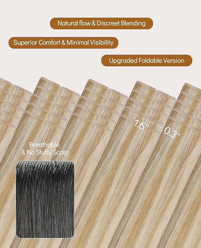 VINBAO Invisible Injected Tape in Hair Extensions 55g Invisi Edge Tape in Hair Extensions 20in 20pcs Light Blonde Highlighted Platinum Blonde Luxury Hair 20inch #27P60