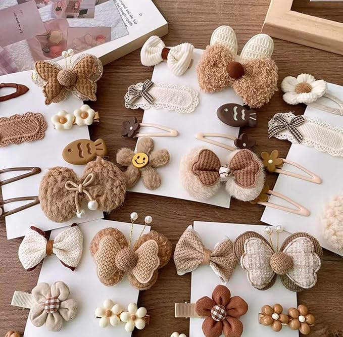 Hair Clips for Baby Girls-8 Pcs Beige Hair Accessories with Knitted Flower, Bow, Butterfly Designs-Soft Wool and Crochet Hairpins-Non-Slip Barrettes for Daily and Occasional Wear (Design 1-8pc Set)