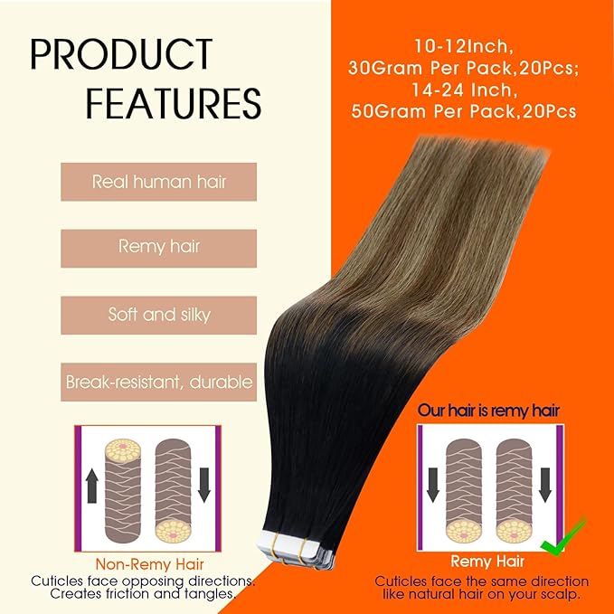 Full Shine Balayage Tape in Hair Extensions Black To Chestnut Brown And Honey Blonde Tape in Extensions for Women 16 Inch Skin Weft Hair Extensions Invisible Tape ins Human Hair 1b/6/27 50G 20Pcs