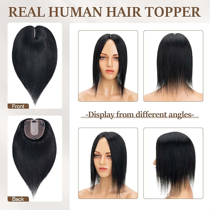 Rich Choices Hair Toppers for Women Real Human Hair 100% Human Remy Toppers NO Bangs for Women with Thinning on Top Clip in Hairpiece 4"x4.7"Lace Base 12 Inch #1 Jet Black