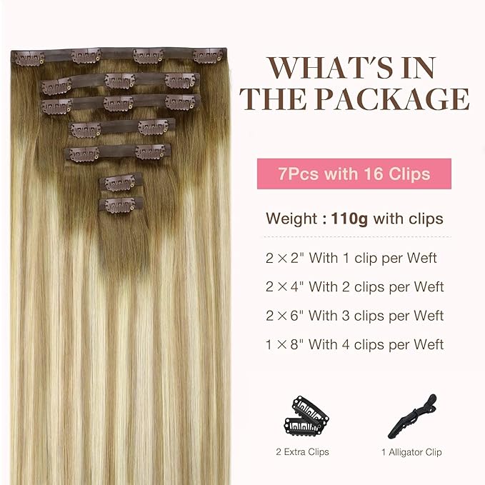 GOO GOO Clip in Hair Extensions Real Human Hair, Remy Human Hair Extensions Clip ins for Women, Natural Human Hair, 16inch 110g 7Pcs, 5A/90/16F Bahamian Balayage
