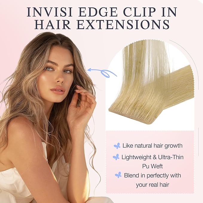 DOORES Clip in Hair Extensions Real Human Hair 22 inch 110g 7pcs Invisible Human Hair Extensions Clip ins, Injected Seamless PU Clipins Invisi Edge, 18A/60 Drity Blonde Mixed Platinum Blonde