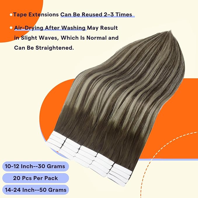 Full Shine Tape in Hair Extensions Human Hair 18 Inch hair extensions real human hair Color 2/60/2 Blonde Highlight Darkest Brown Balayage Tape in Remy Natural Human Hair Extensions 20Pcs/50Grams