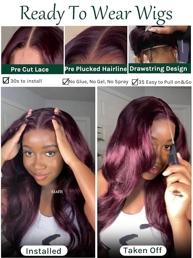 KLAIYI Black Cherry Loose Body Wave Bye Bye Knots Glueless Wig 7x5Precut Lace Front Wigs Human Hair Drawstring Pre Plucked Bleached 30S Ready to Wear and Go Wig with Face Framing Bangs Burgundy 18Inch
