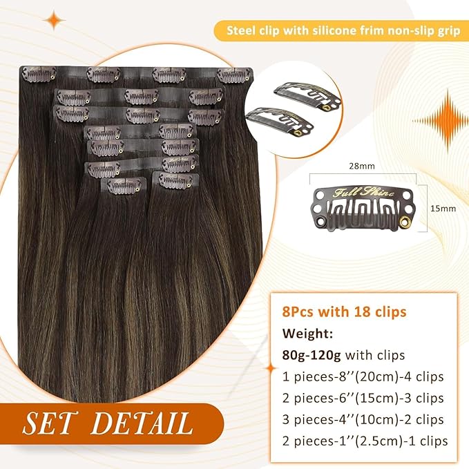 Full Shine Brown Balayage Hair Extension Clip ins Short Clip in Hair Extensions 12 Inch Dark Brown to Light Brown with Blonde Remy Hair for Daily Wear 8 PCS 95G