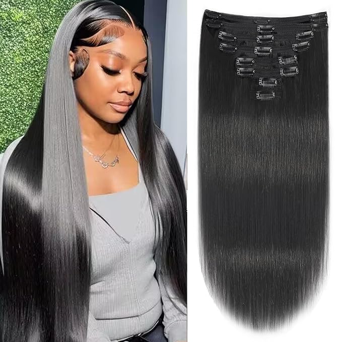 Clip in Hair Extensions Real Human Hair Clip ins Remy Human Hair Black Women Natural Black Straight Seamless Clip on Hair Extensions 120 Gram(24inch,#1B)