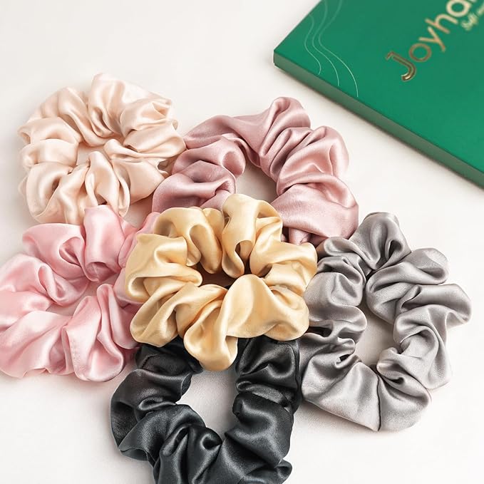 Joyhabit Silk Scrunchies for Women and Girls, Pink, Gold and Gray, 5 Pieces, 4CM Hair-Friendly Cute & Durable Hair Ties for Women, Great for Bedtime and Everyday Style