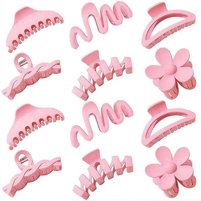 12 Pcs Claw Clips, Multi-Shapes Hair Clips for Women Girls, Non-Slip Large Jaw Claw Clips for Thick Thin Curly Hair Accessories (Light Pink)