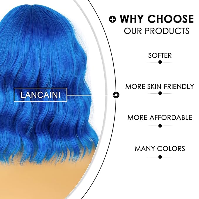 Short Bob Wavy Wig with Bangs for Women Loose Curly Shoulder Length Synthetic Cosplay Wig Bob for Girl Colorful Costume Wigs (Blue)
