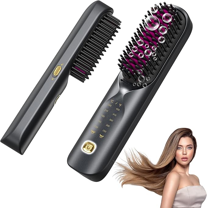 Cordless Hair Straightener Brush - Portable Hair Straightening Brush for Travel - 300M Negative Ions for Frizz-Free Shine, Touch Up On-The-Go, Fast Heating, Gift for Women, 10,000mAh, Charcoal Black