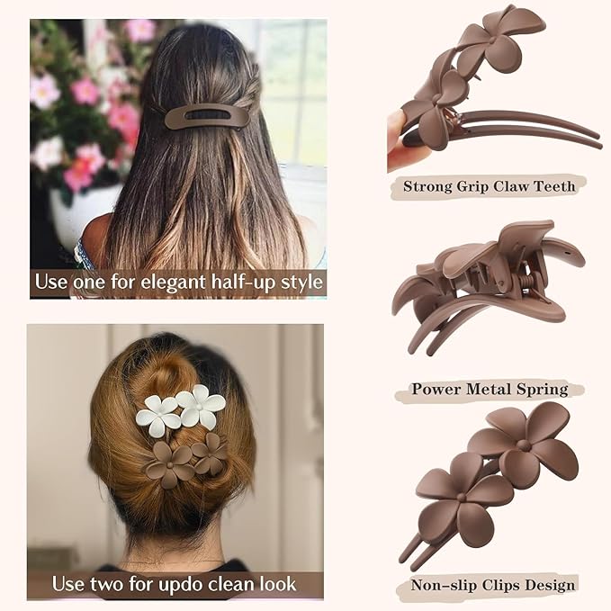5 Pcs Flat Hair Clips, Medium Lay Flat Claw Clips for Women Girls,2 Styles Strong Hold Non-slip Matte Hair Claws for Thick Thin Hair(Brown&White)