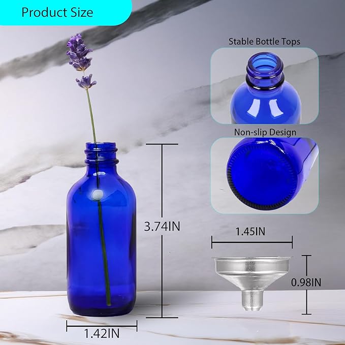 DIDITIME 2 oz Shot Bottles with Caps & Stainless Steel Funnels, Juicing Bottle Reusable Glass, 60ml Small Jars with Lids for Potion, Ginger Shots, Oils, Juice (Cobalt Blue, 24-pack)