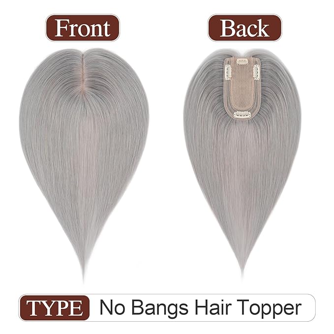 SEGO Hair Topper for Women, No Bangs Real Human Hair Topper with Anti-Slip Clips (18 Inches #Grey)
