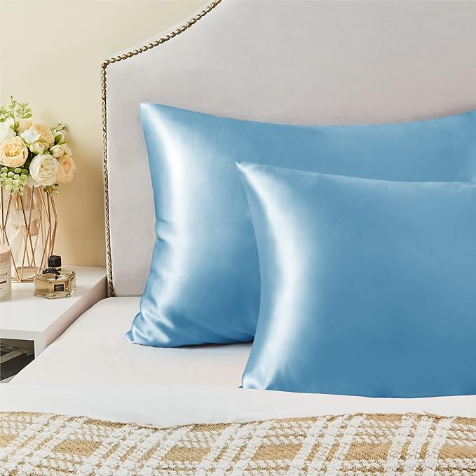 BEDELITE Satin Pillowcase with Zipper, Blue King Size Pillow Cases Set of 2, Super Soft and Cooling Similar to Silk Pillow Cases, Gift for Women Men(20x36 Inches)
