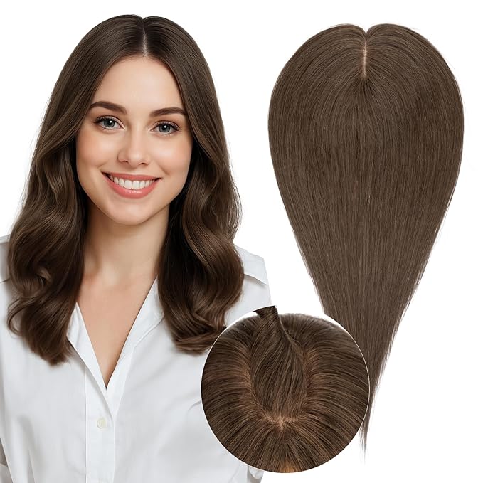 Real Human Hair Toppers for Women 3.54"*4.72" Silky Base 150% Density No Bangs Adjustable Parting Clip-In Topper Hairpieces for Women with Thinning Hair 10 Inches Natural Brown
