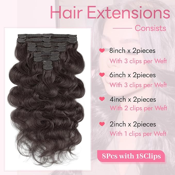 Clip in Hair Extensions Real Human Hair Body Wave 2 Dark Brown Clip in 100% Brazilian Remy Human Hair Extensions 8pcs Per Set with 18 Clips Double Weft 16 Inch 90g/3.6oz