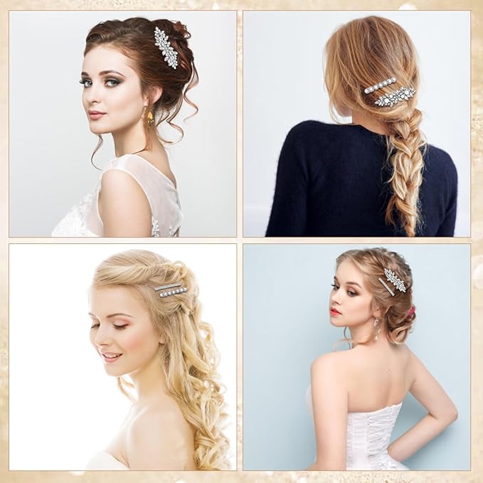 4PCS Rhinestone Hair Clips, Silver Sparkly Pearl Wedding Hair Barrettes, Elegant Metal Alloy Rhinestone Hair Accessories for Women Girls